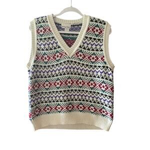 Vintage Knit Sweater Vest Grandma Core Womens Size Large White Patterned